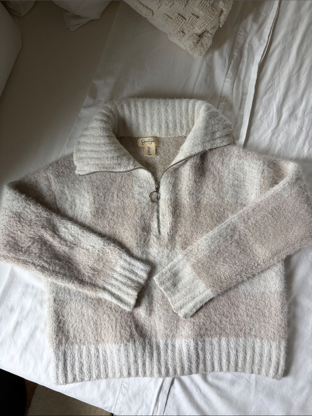Jessica Simpson Cream and Light Brown Half-Zip Shawl Collar Sweater Sz S
